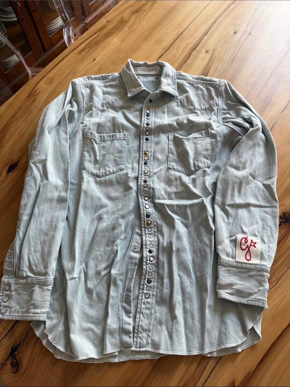 Golden Goose Men's Denim Shirt with Embroidered Cuff & Multicolor Snaps.  Rare!